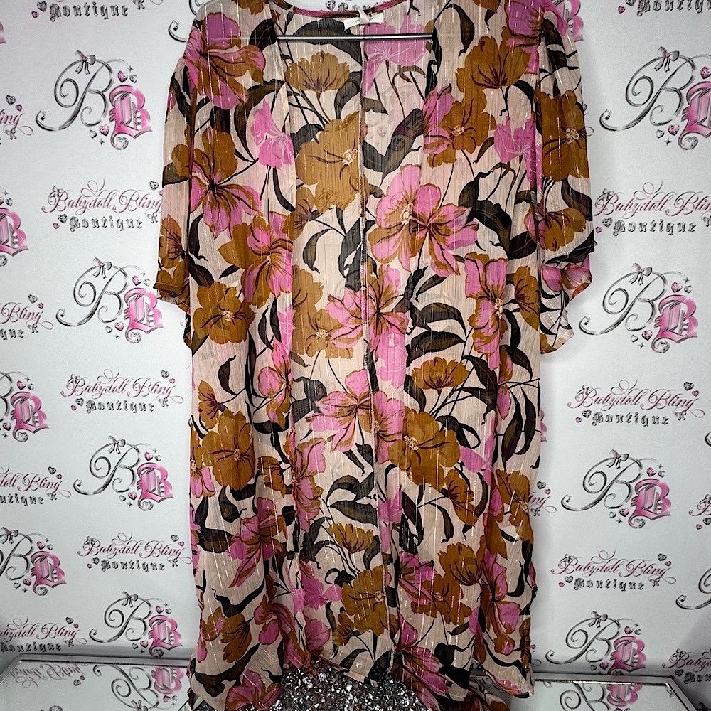 Maurice’s sparkly thread Floral Kimono with Pink and Brown Accents open flowy